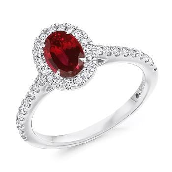 950 Platinum Ruby & Diamond Halo & Shoulders Engagement Ring F-G/VS - Pobjoy Diamonds