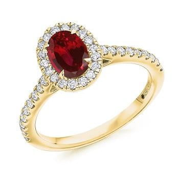 18K Yellow Gold Ruby & Diamond Halo & Shoulders Engagement Ring F-G/VS - Pobjoy Diamonds