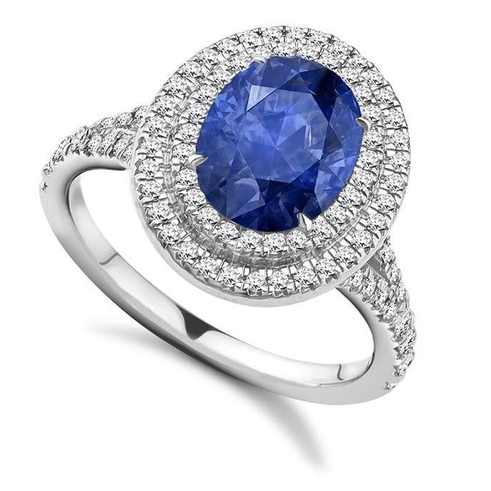 950 Platinum Blue Sapphire & Double Diamond Halo Ring - 2.90 CTW - Pobjoy Diamonds