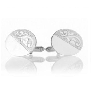 Sterling Silver Part Patterned Oval Cufflinks - Pobjoy Diamonds