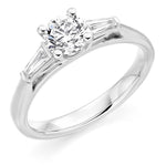 18K White Gold Round Cut Solitaire Ring With Baguettes 0.66 CTW - G/Si1 - Pobjoy Diamonds