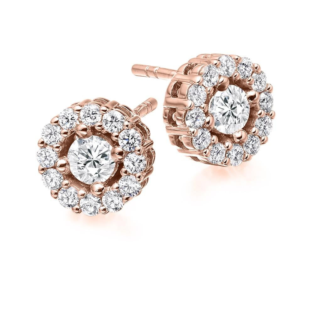 18K Gold Round Brilliant Cut Diamond Halo Earrings 1.00 CTW - Pobjoy Diamonds