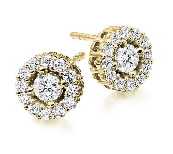 18K Gold Round Brilliant Cut Diamond Halo Earrings 1.00 CTW - Pobjoy Diamonds