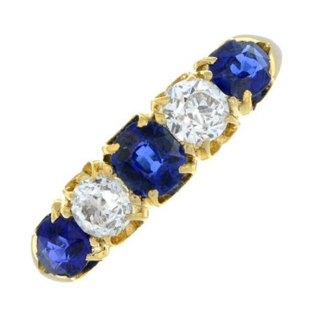 18K Yellow Gold Sapphire & Old Cut Diamond Five Stone Ring -1.50 CTW - Pobjoy Diamonds