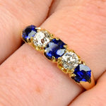 18K Yellow Gold Sapphire & Old Cut Diamond Five Stone Ring -1.50 CTW - Pobjoy Diamonds