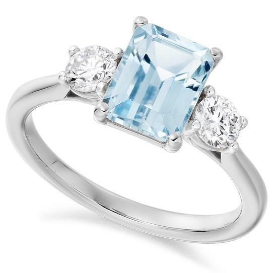 18K White Gold 2.00 Carat Aquamarine & Diamond Trilogy Ring - Pobjoy Diamonds