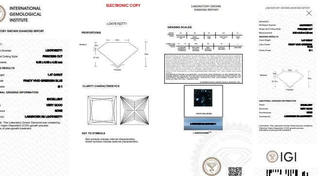 Fancy Vivid Greenish Blue Princess Cut Lab Grown Diamond 1.47 Carat - Pobjoy Diamonds