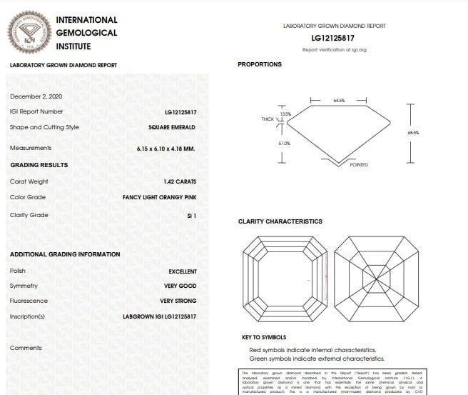1.42 Carat Emerald Cut Fancy Light Orangy Pink Lab Grown Diamond