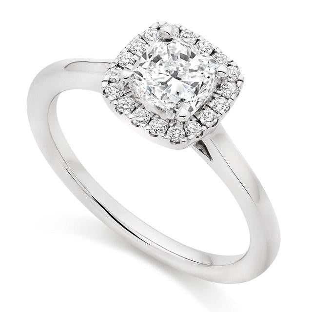 18K White Gold 1.15 CTW Cushion Cut Diamond Halo Ring - G/Si1 - Pobjoy Diamonds