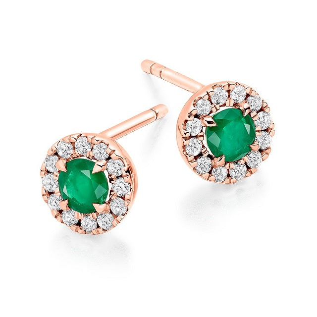 Emerald & Round Brilliant Cut Diamond Ladies Stud Earrings - Pobjoy Diamonds