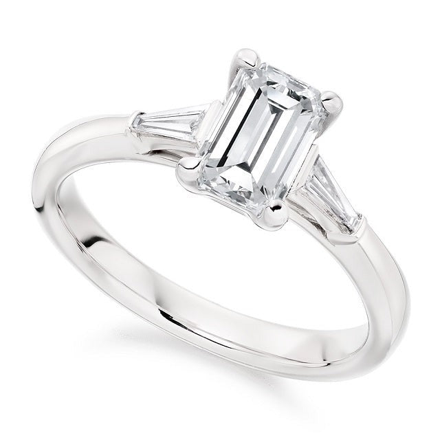 18K White Gold Emerald Cut Solitaire Ring With Side Baguettes 1.18 CTW- G/VS2 - Pobjoy Diamonds