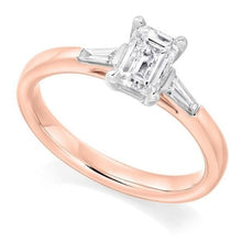Load image into Gallery viewer, 18K Rose Gold Emerald Cut Solitaire Ring With Side Baguettes 0.90 CTW- G/Si1 - Pobjoy Diamonds