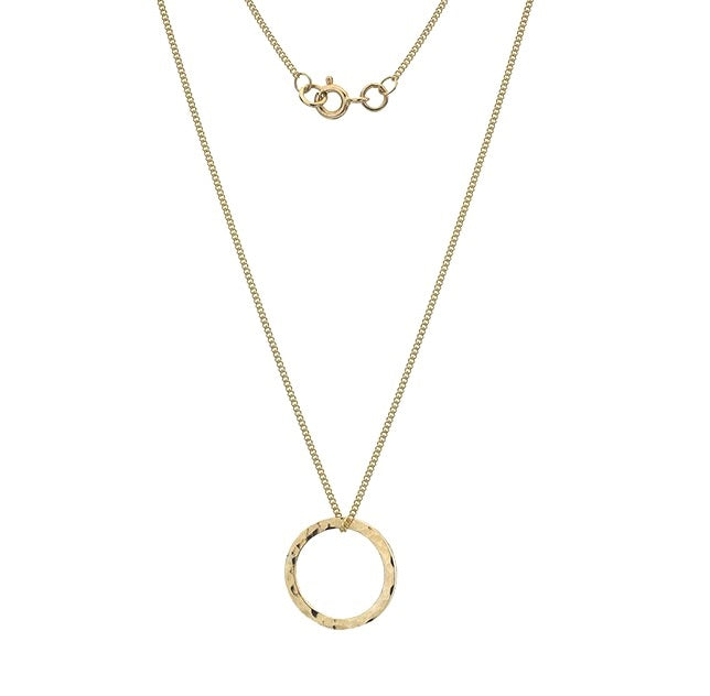 9K Yellow Gold Hammered Circle Pendant Necklace - Pobjoy Diamonds