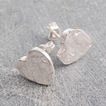 Handmade Silver Heart Textured Stud Earrings - Pobjoy Diamonds