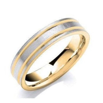 18K Gold & 950 Platinum Flat Court Brushed Finish Wedding Band 5mm - Pobjoy Diamonds