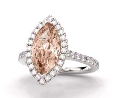 18K Gold Marquise Cut Morganite & Halo Diamond Ring 2.10 CTW - Pobjoy Diamonds