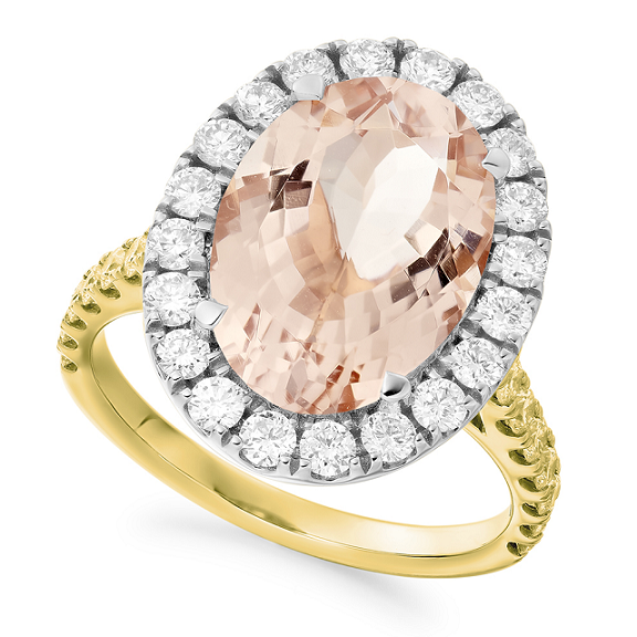 18K Yellow & White Gold Oval Cut Morganite & Diamond Halo Ring 6.80 CTW-Pobjoy Diamonds