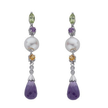 9K White Gold Diamond, Amethyst, Citrine & Pearl Drop Earrings - Pobjoy Diamonds