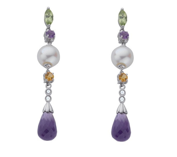 9K White Gold Diamond, Amethyst, Citrine & Pearl Drop Earrings - Pobjoy Diamonds