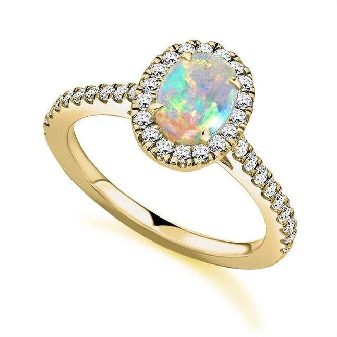 18K Yellow Gold Oval Opal & Diamond Halo Ring 0.85 CTW - Pobjoy Diamonds