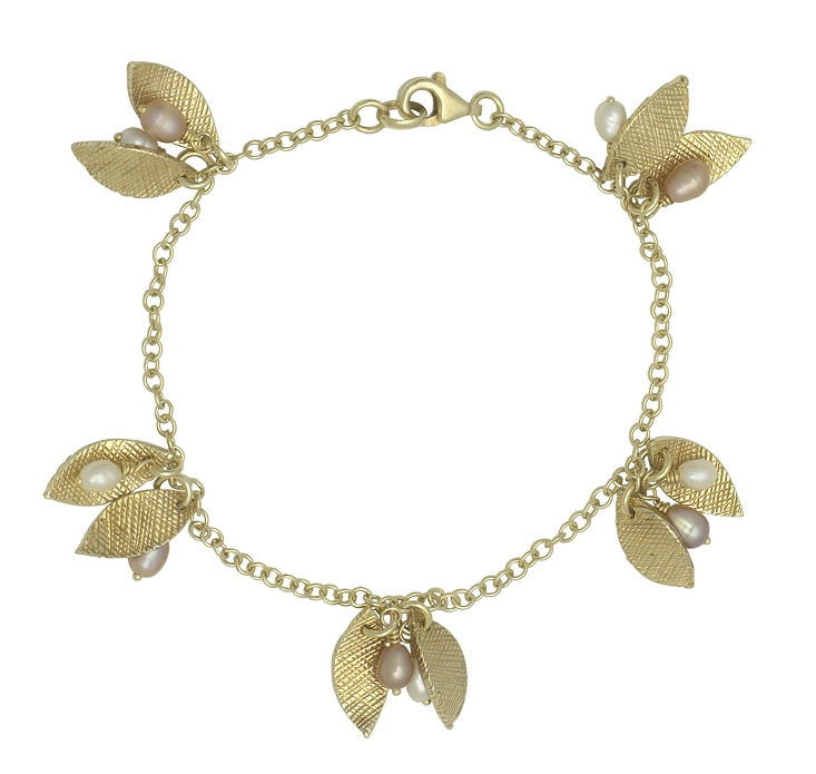 9K Yellow Gold Pearl & Leaf Chain Bracelet - Pobjoy Diamonds