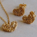 Handmade Gold On Silver Mesh Heart & Stud Earring Set