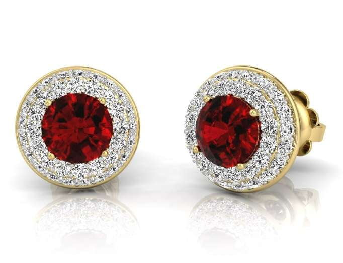 9K Yellow Gold Ruby & Double Diamond Halo Stud Earrings - Pobjoy Diamonds