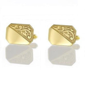 9K Yellow Gold Rectangle Half Engraved Cufflinks - Pobjoy Diamonds