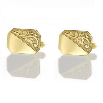 9K Yellow Gold Rectangle Half Engraved Cufflinks - Pobjoy Diamonds