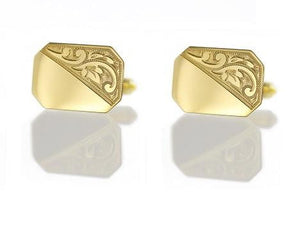 9K Yellow Gold Rectangle Half Engraved Cufflinks - Pobjoy Diamonds