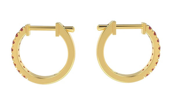 Adorable 9K yellow gold ladies hoop earrings featuring alternating pink natural round cut  rubies and glistening diamonds.