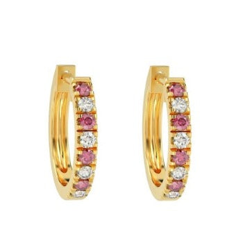 Adorable 9K yellow gold ladies hoop earrings featuring alternating pink natural round cut  rubies and glistening diamonds.