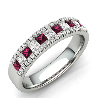 Red Ruby Squares & Diamond Cocktail Ring Channel Set