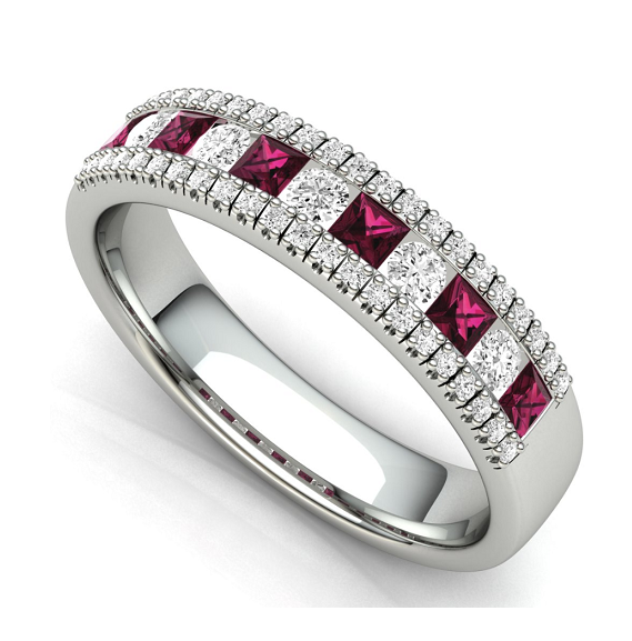 Red Ruby Squares & Diamond Cocktail Ring Channel Set