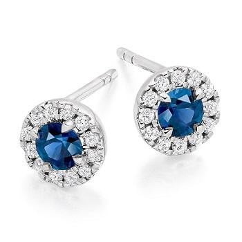 Blue Sapphire & Round Brilliant Cut Diamond Ladies Stud Earrings 18K White Gold - Pobjoy Diamonds