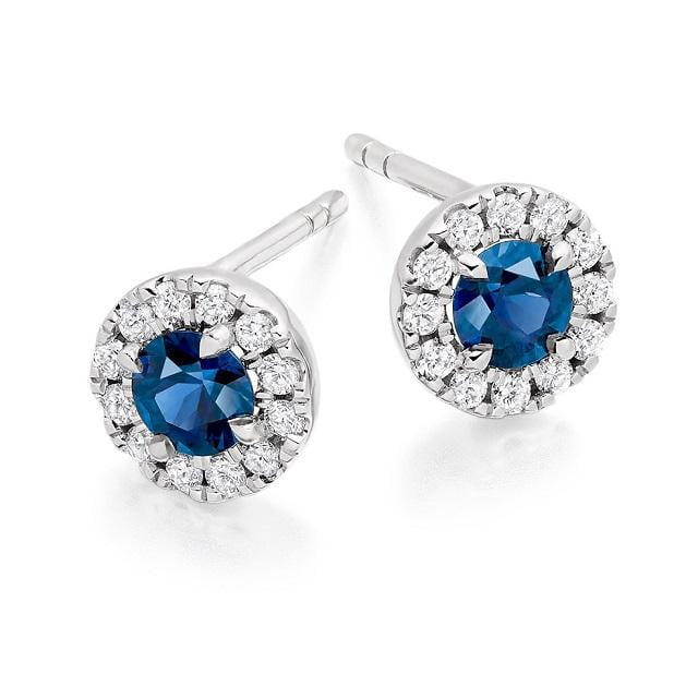 Blue Sapphire & Round Brilliant Cut Diamond Ladies Stud Earrings 950 Platinum - Pobjoy Diamonds