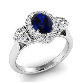 Platinum Oval Blue Sapphire & Diamond Trilogy Ring - Pobjoy Diamonds