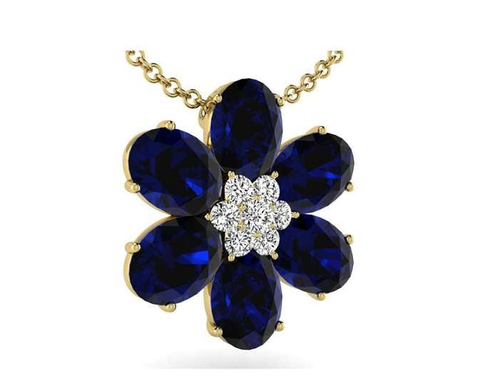 9K Yellow Gold Blue Sapphire & Diamond Floral Pendant Necklace - Pobjoy Diamonds