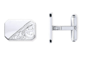 925 Silver Rectangular Clipped Edge Semi Engraved Cufflinks - Pobjoy Diamonds