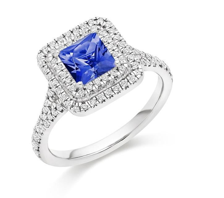 950 Platinum Tanzanite & Double Diamond Halo Ring 1.60 CTW - Pobjoy Diamonds