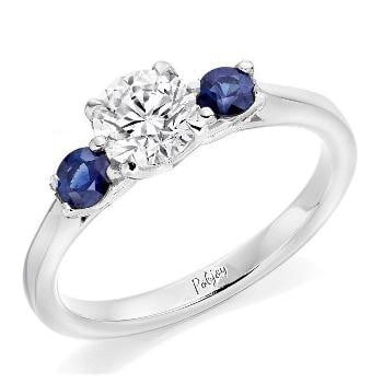 18K Gold 2.00 Carat Lab Grown Diamond & Sapphire Trilogy Ring - F/VS1 - Pobjoy Diamonds