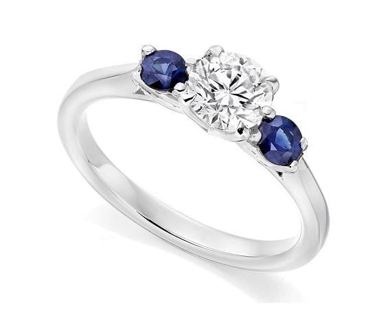 950 Platinum 1.50 Carat Lab Grown Diamond & Sapphire Trilogy Ring - F/VS1 - Pobjoy Diamonds