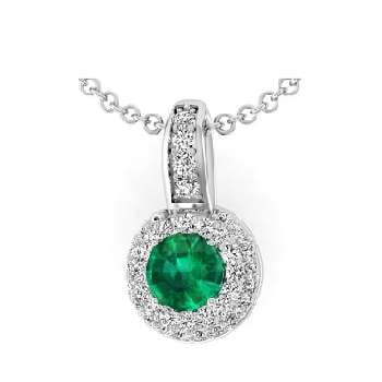 18K White Gold Round Cut Emerald & Diamond Pendant Necklace G/Si1 - Pobjoy Diamonds